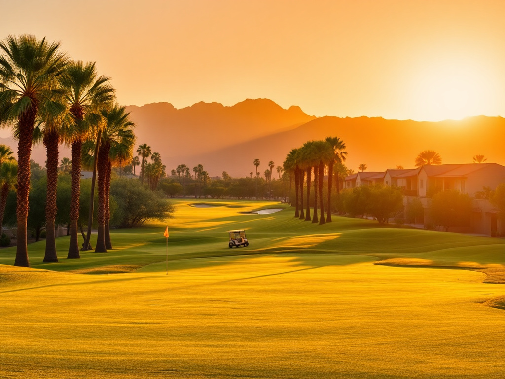 Golf course fairway lined with palm trees in a Sun Lakes, Arizona active-adult community at golden hour